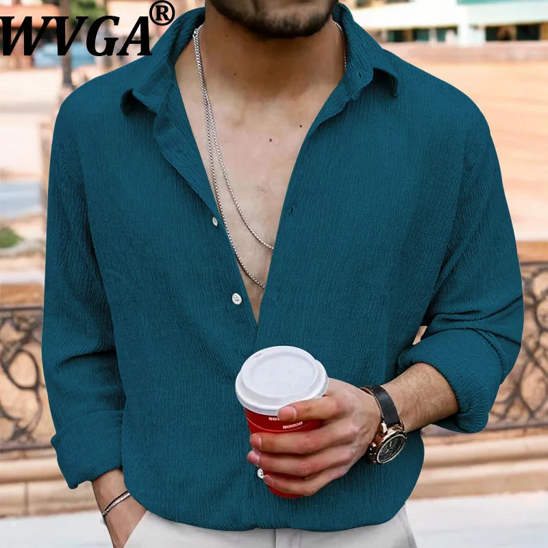 

WVGA весенне-осенний новый мужской морщинистый кардиган, однотонные рубашки с отложным воротником и длинными рукавами, нишевые шикарные повседневные топы W16672