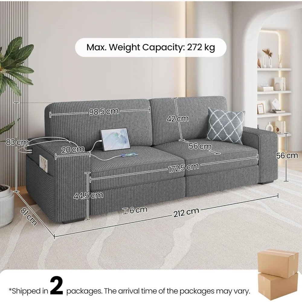 Wide Corduroy Fabric Sofa with USB Charging Port and Side Storage Bag, Modern Sofa Bed, 83.5 in