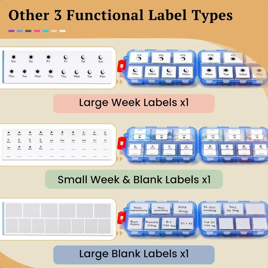 منظم حبوب السفر مع ملصقات وملصقات كبيرة صغيرة ومحمولة للطب اليومي لحقيبة الجيب 14 مقصورة قابلة للطي