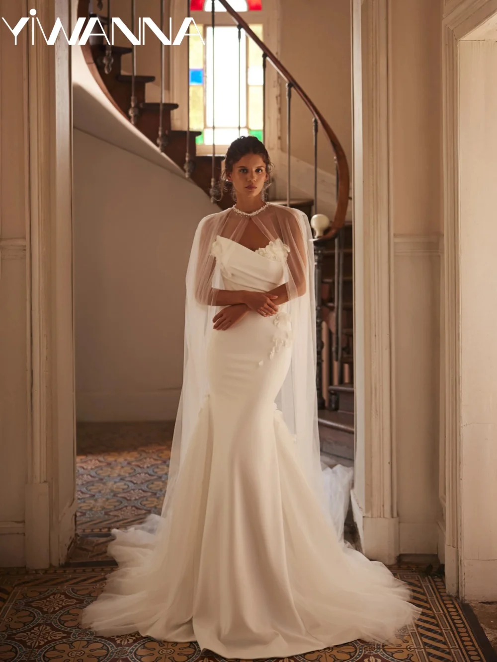 

3D Floral Satin Mermaid Long Wedding Dress With Cape Attractive Strapless Long Bridal Gown 2026 Customized Dresses For Bride