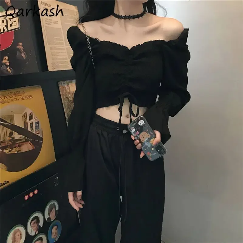 French Retro Blouses Women Sexy Slash Neck Off Shoulder Shirring Long Sleeve Crop Tops Hotsweet Slim Hot Girls Design Stylish