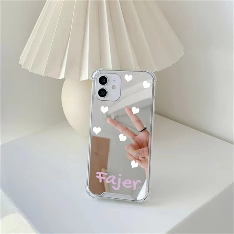 Love Hearts Personalisadชื่อกระจกIphoneสําหรับIphone 14 13 Pro Max 12 11 Pro Max X XS XR 7 8 Plus Soft Impact Crush Cover