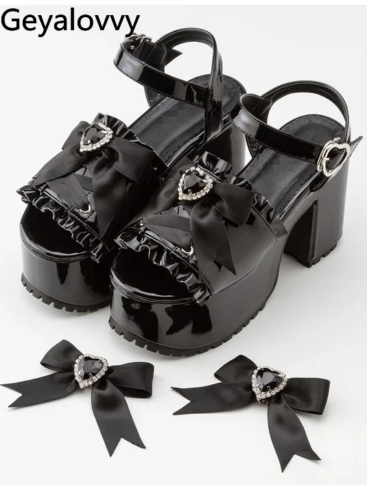 Japanese Rhinestone Bowknot Platform Thick Sole Shoes Lolita Mass-Produced Sweet Cute Girls Versatile High Heel Sandals