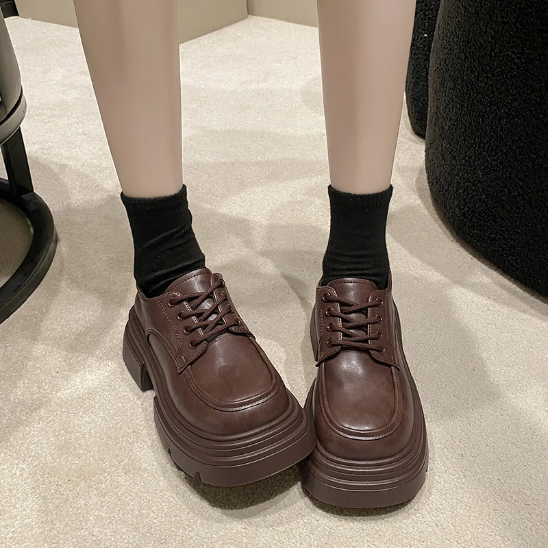 Brown Black Thick Sole Small Leather Women\'s 2024 Autumn Spring New Retro British Style Lace up Versatile Round Toe JK Shoes