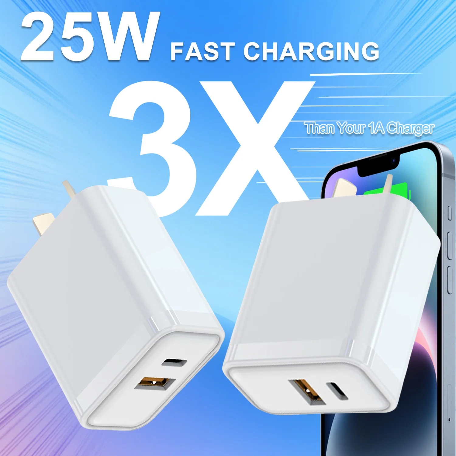 1Pc Australian Standard Dual Charging Port AU Plug SAA Certified Quick Charger 25W PD Power Delivery USB C USB-A+C PD+USB QC3.0