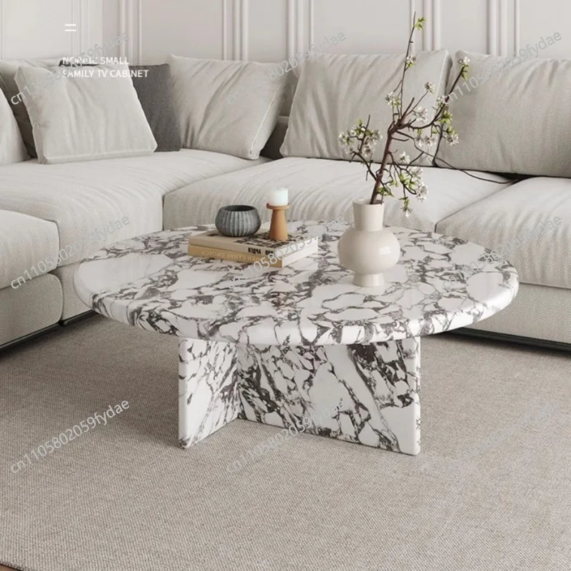 French Cream Style Natural Marble Coffee Table, Oval Round Italian Lacquered Top & Stainless Steel Frame,