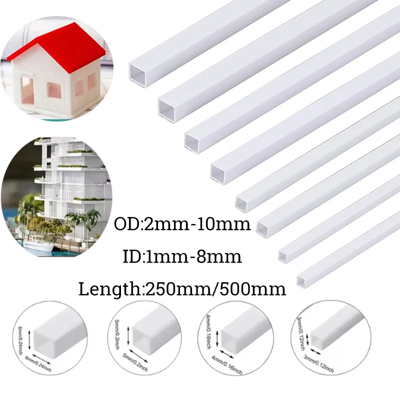 10/30pcs ABS Plastic Square Tube Hollow Square Bar Rods Styrene Rod for DIY Sand Table Architectural Model Making