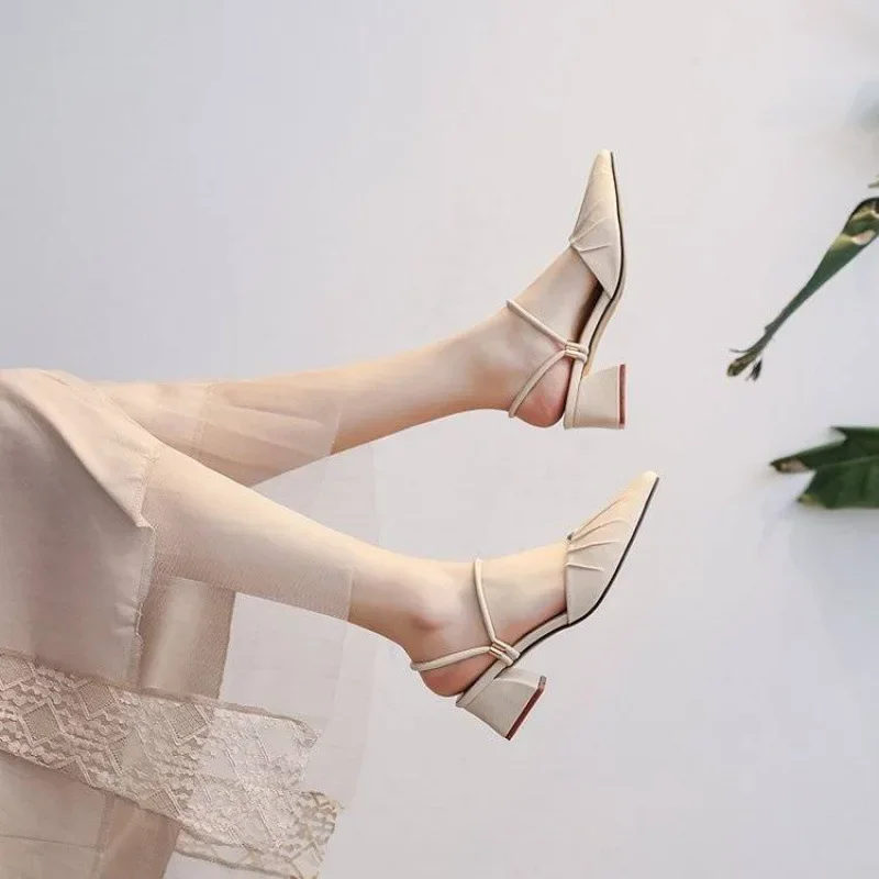 Party Women Mules Slipper Pointed Toe Block Strap Closed Shallow High Heels Shoes Sandals Black Beige Square Heels Women Pumps