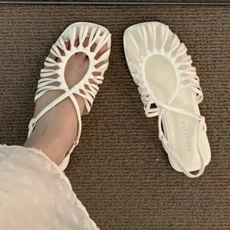 Ladies Shoes High Quality Slip on Ankle-wrap Women's Sandals Summer Solid Closed Toe Chunky Heels Beach Sandals Women