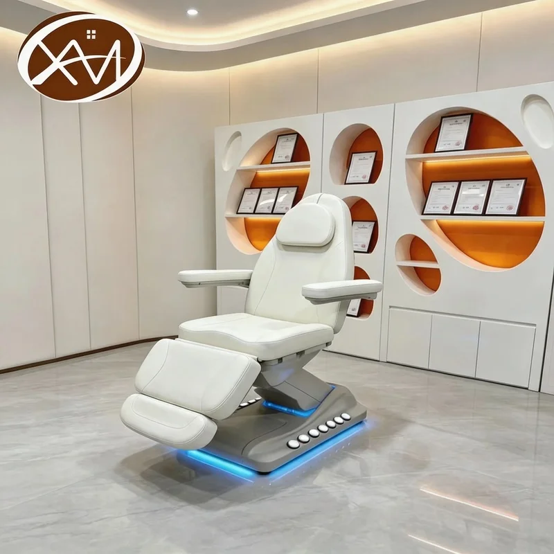 Luxury White 3/4 Motor Electric Beauty Chair & Massage Table Foldable PU Leather Adjustable Reclining LED Light Spa Bed