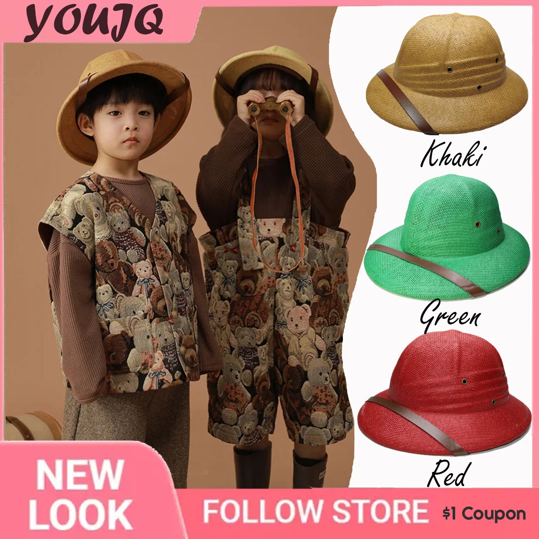 

Parent-child Summer Straw Helmet Pith Sun Hats for Child Women Vietnam War Army Hat Dome Hat Safari Jungle Miners British Gorras