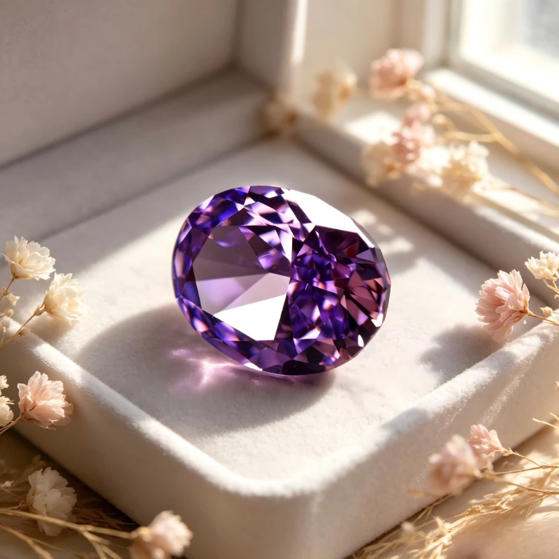Kubischer Zirkonia Stein, ovale Form, violette Farbe, Crushed-Ice-Schliff, violette Farbe, CZ 4K-Schliff, 5A+ Qualität, Laborproduktion – Detail 4