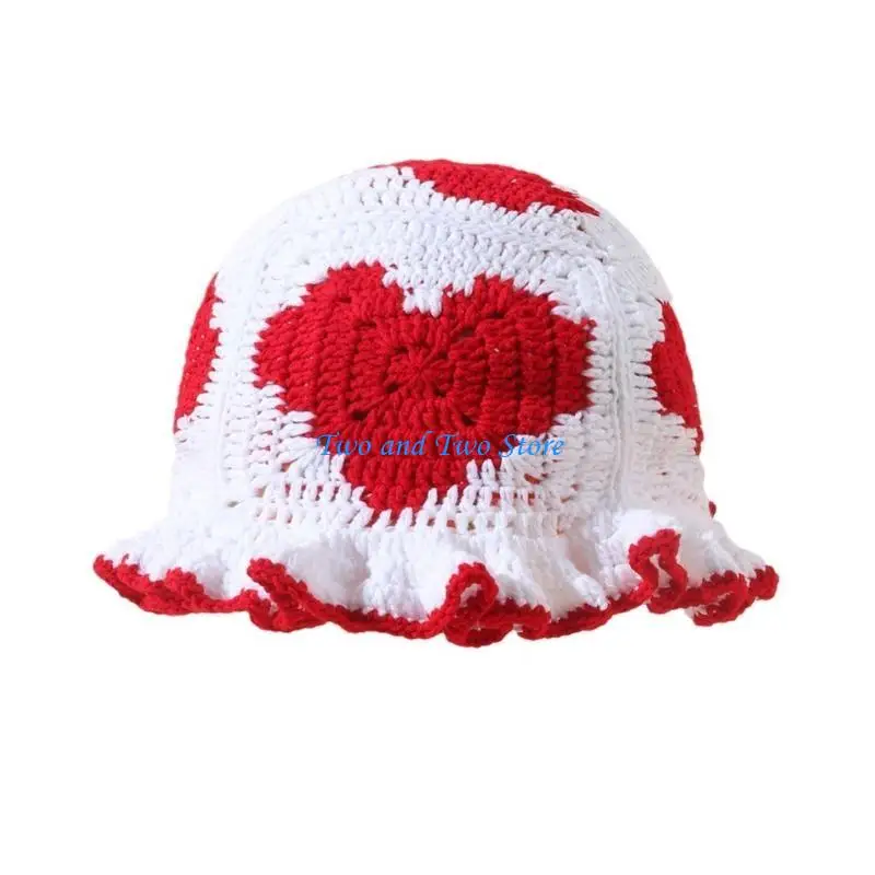 

HX6F Trendsetting Hat Handmade Heart Crocheted Bucket Hat Warm Knit Cotton Accessory for Autumn/Winter