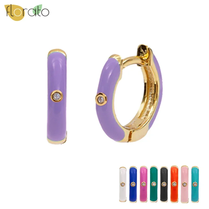 925 Sterling Silver Ear Needle Gold Color Rainbow Enamel Hoop Earrings For Women Clear Zircon Piercing Ohrringe Earring Jewelry