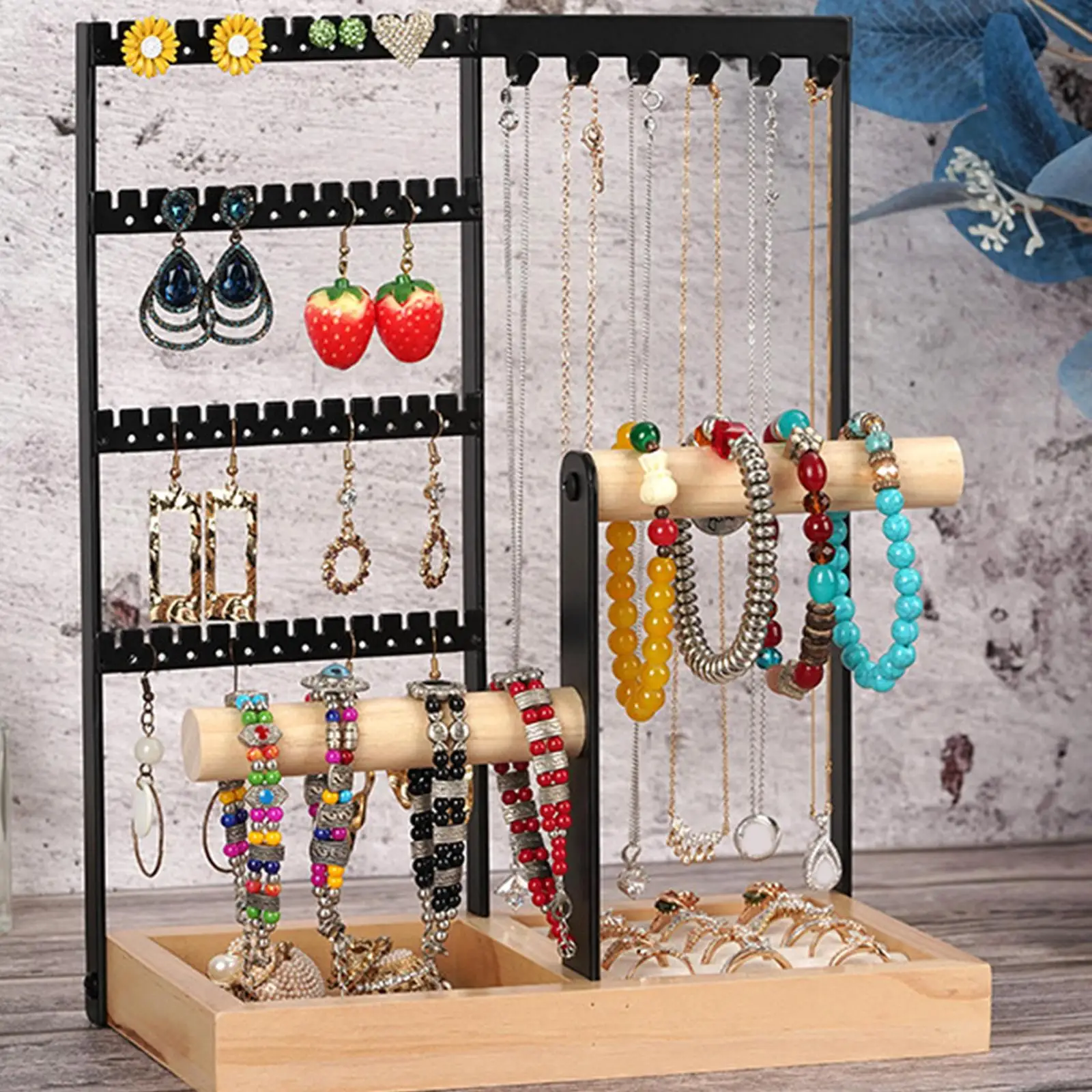 4 Tiers Jewelry Display Rack Jewelry Hooks for Rings Necklace Living Room