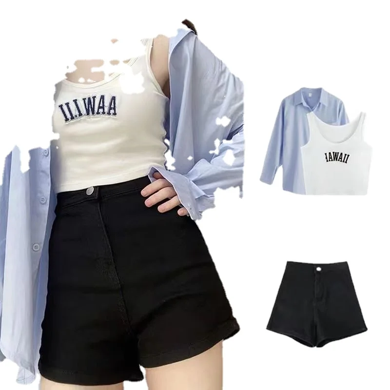 Three Sets of Female Summer New Fashionable Korean Version of Loose Sunscreen Shirt Halter Tank Top Shorts