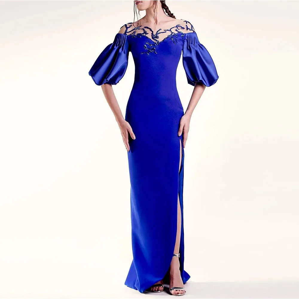 

Elegant Royal Blue Women's Evening Dress Mermaid Floor Length Prom Dress Puff Sleeves Formal Party Gown Beading Saudi Dress