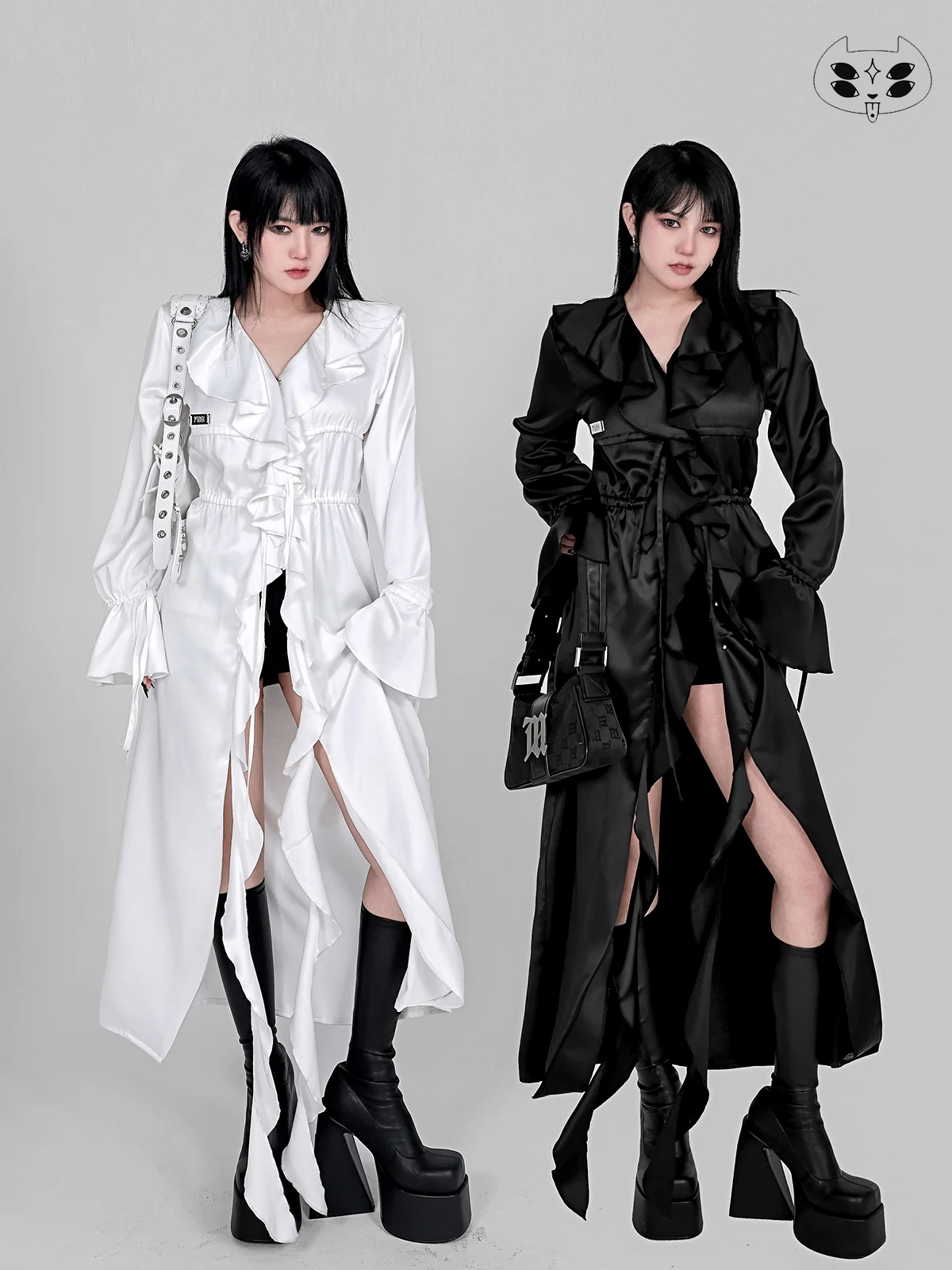 Original Design Ruffles Hot Girls Slim Long Trench Coat Korean Elegant Lady Drawstring Long Blouse Shirt Open Stitch Overcoat