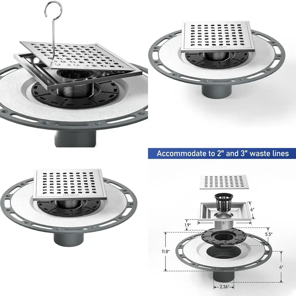 

6 Brushed Stainless Steel Shower Drain with Removable Grate and PVC Flange Base for Low Profile Tiles, CUPC Certified