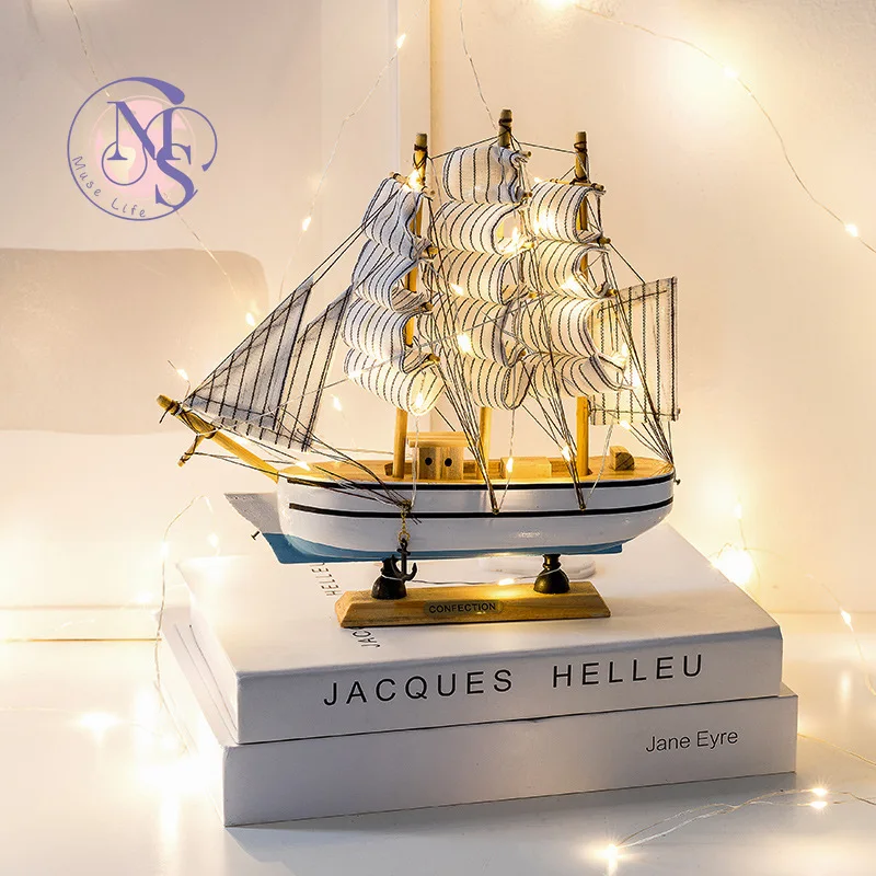 Wooden smooth sailing boat model office living room crafts Mediterranean style decoration creative ornament