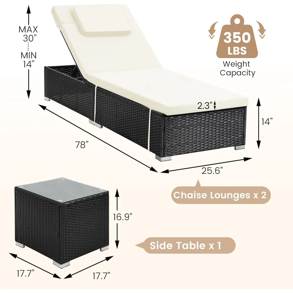 3 Piece Set, Includes 2 Wicker Chaise Lounge Chairs for Outdoors with Matching Side Table, Idea Oversized Reclining Patio Lounge