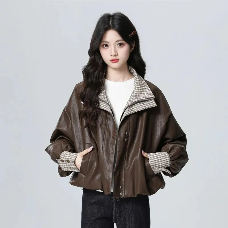 冬用女性用ラペルフェイクレザーアウター秋用レディース長袖レザージャケット韓国風女性用パッチワークルーズPUレザーコート