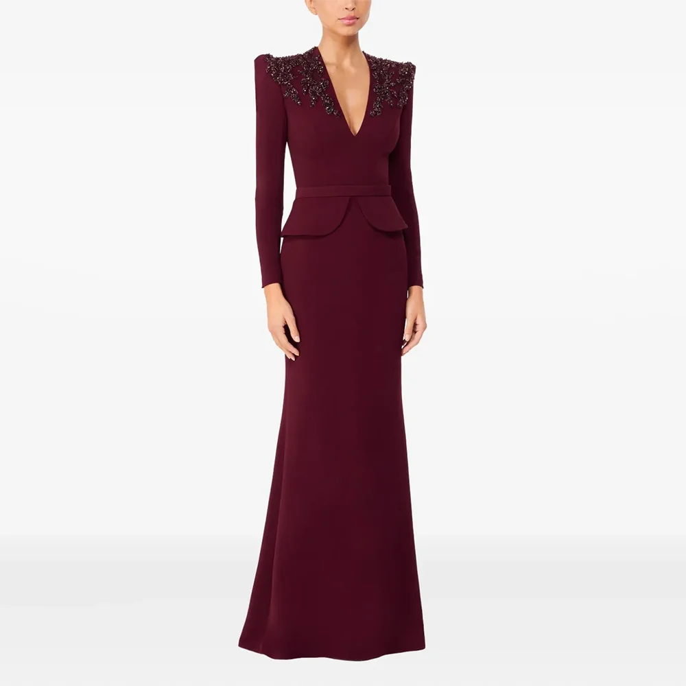 

Elegant Burgundy Suit Evening Dress Customized V-Neck Long Sleeves Floor Length Mermaid Crystal Jersey Evening Gowns 2026