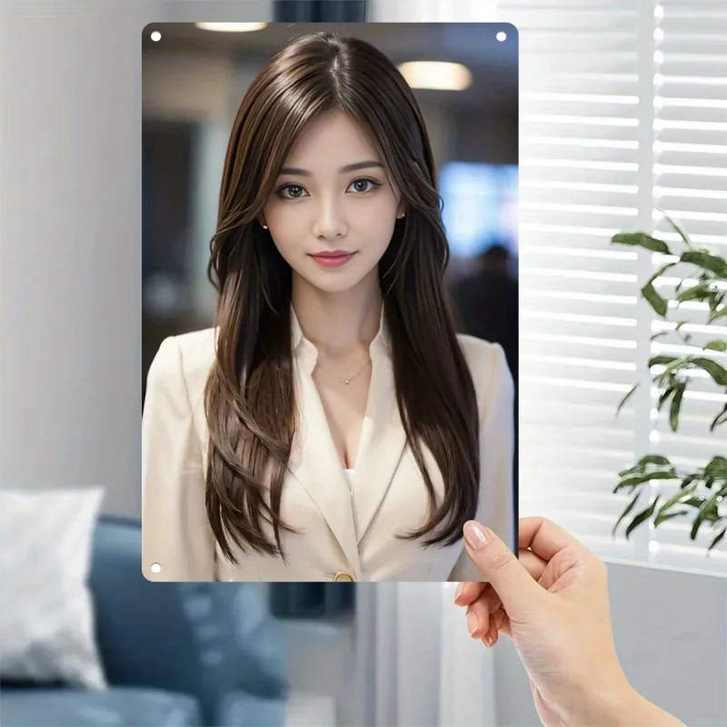 Vintage Elegant Asian Business Woman In White Blazer Office Retro Metal Tin Sign, Rustic Professional Secretary Model Wall Art D
