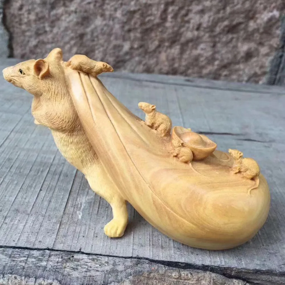 Real Boxwood Root Carving Mouse Weasel Purse Ingots Rat Move House Crafts Handmade Polishing Ornament Lucky Fortune Mascot Decor