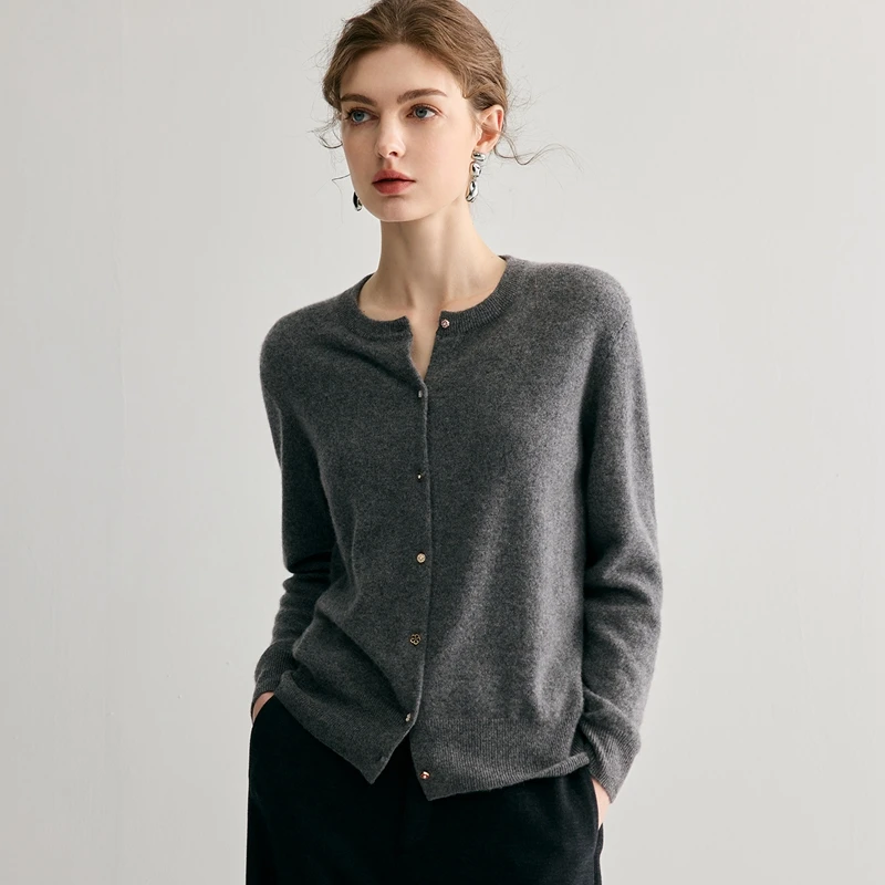 

High-quality 100% pure cashmere women's cardigan casual knitted sweater loose round neck Tops thickened basic Pull Jumper