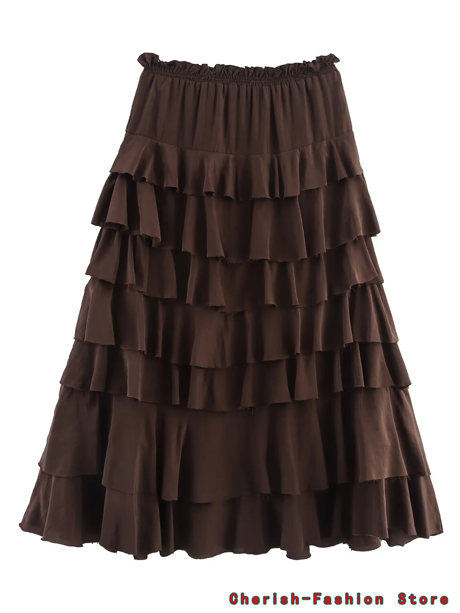Nouvelle mode élégante solide jupes longues 2025 jupe de soirée couleur marron jupe Midi à volants femmes Vintage jupe à volants femme