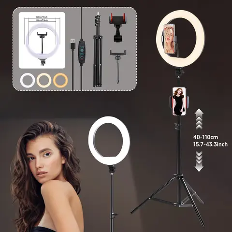 10" Dimmable LED Ring Light with 43" Tripod & Dual Phone Holders – Adjustable for Selfies, Photography, Live Streaming, Zoom Mee
