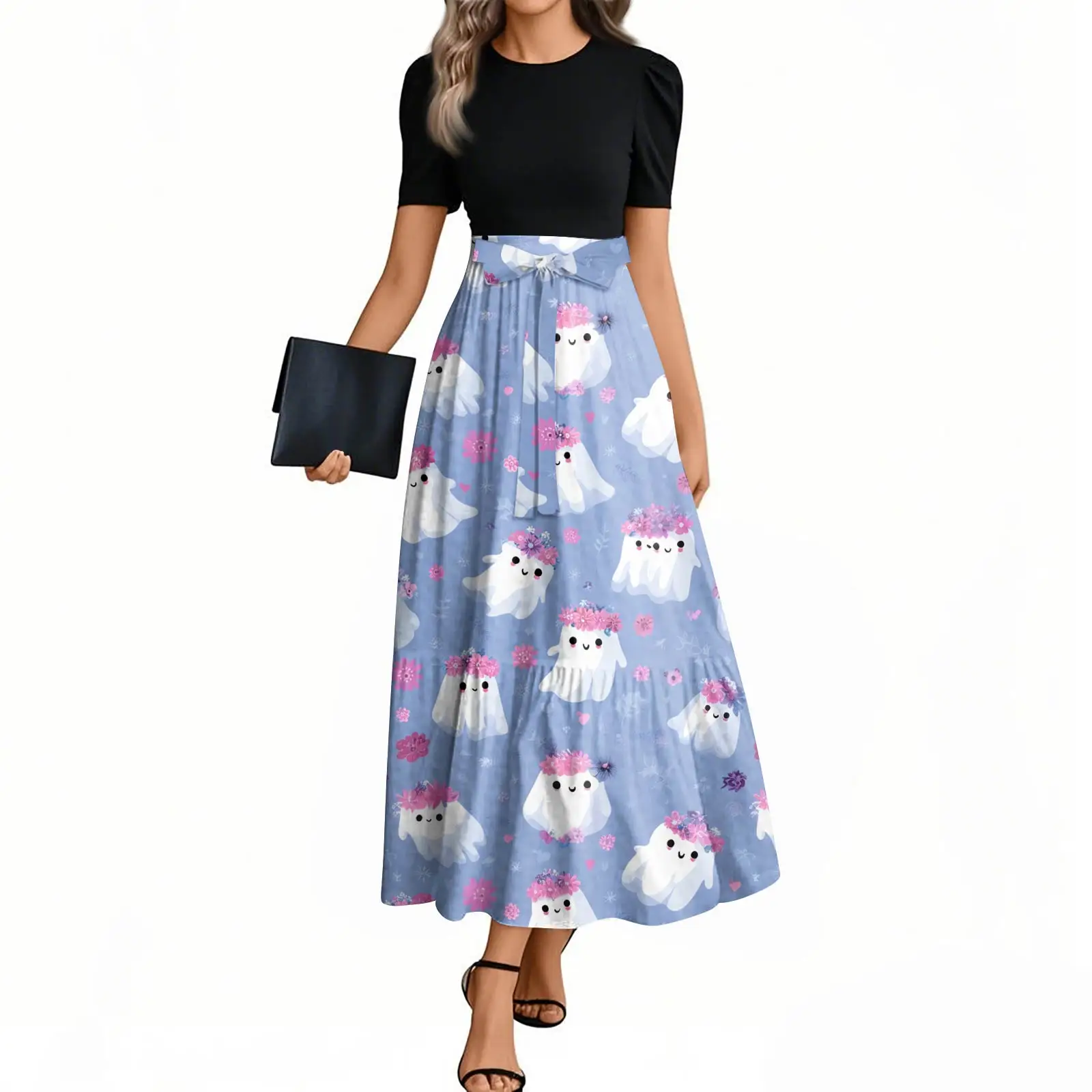 ハロウィンパーティードレスレディースファッションカジュアルベルト付き半袖ラウンドネックハロウィンプリントエレガントドレスカジュアルドレス