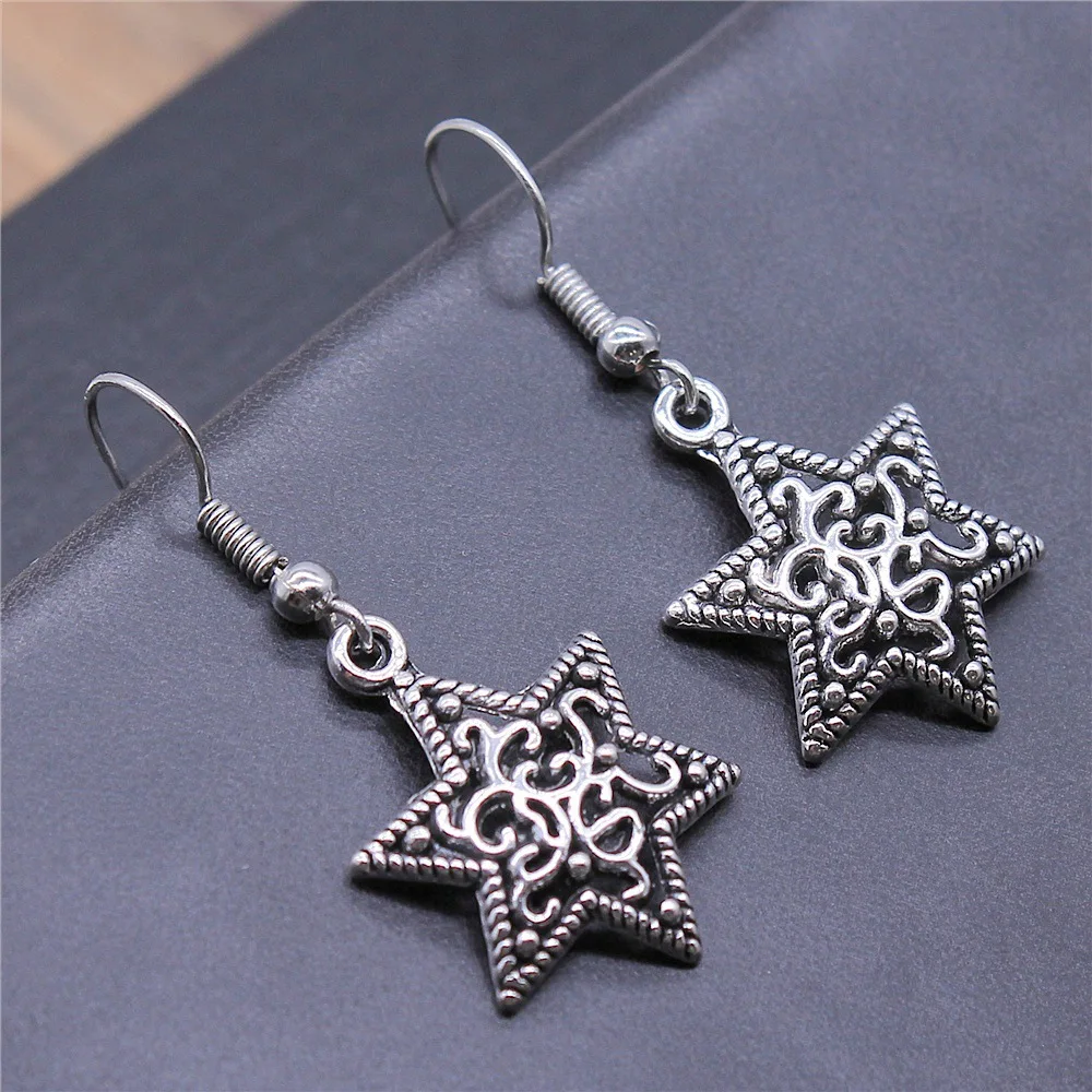 Fashion Handmade Simple Design Antique Silver Color Carved Six-Pointed Star Pendant Earrings Dropshipping Drop Earrings