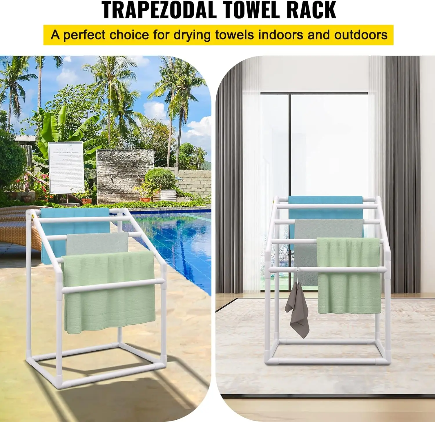 Pool Towel Rack 5 Bar Freestanding Outdoor PVC Trapedozal Poolside Storage Organizer Include 8 Towel Clips Mesh Bag