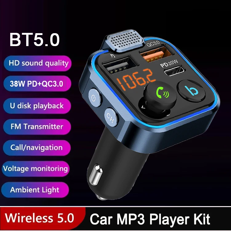 

PD+QC3.0 Bluetooth 5.0 FM Transmitter Car Handsfree Audio Modulator 38W Dual USB Phone Charger Adapter LED Atmosphere Light