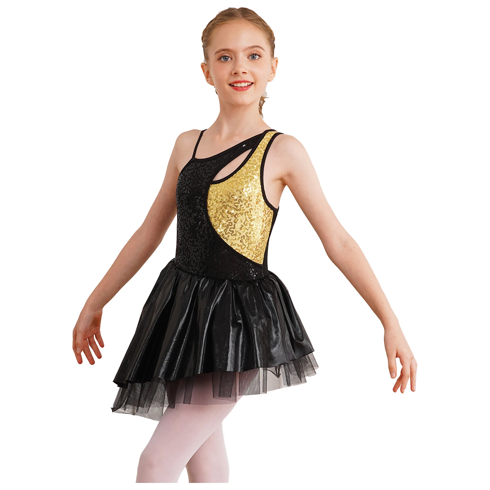 Kids Girls Ballet Gymnastics Leotards Dress Sleeveless Shiny Sequins Tulle Figure Skating Dance Costumes Jazz Cha-cha Dancewear