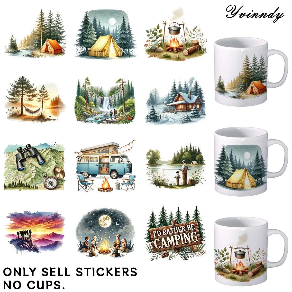 UV DTF Transfer Sheets,  Mark Cup Wraps, 12 Pieces Camping Outdoors Patterns Random Designs UV DTF Transfer Paper Waterproof