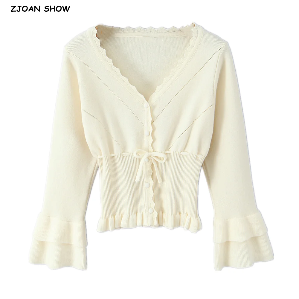 

2025 CHIC Hole Button Through Crop Pointelle Knit Cardigan Sweater Woman V collar Bow Waist Flare Sleeve Jumper Knitwear