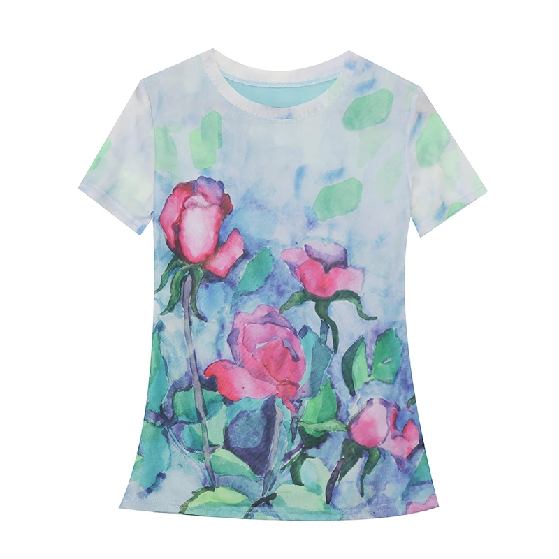 Faionable Women's Printed T-irt Summer New Sle Slim Fit round Ne ort Sve Ice Silk Me Top Korean Sle Commute