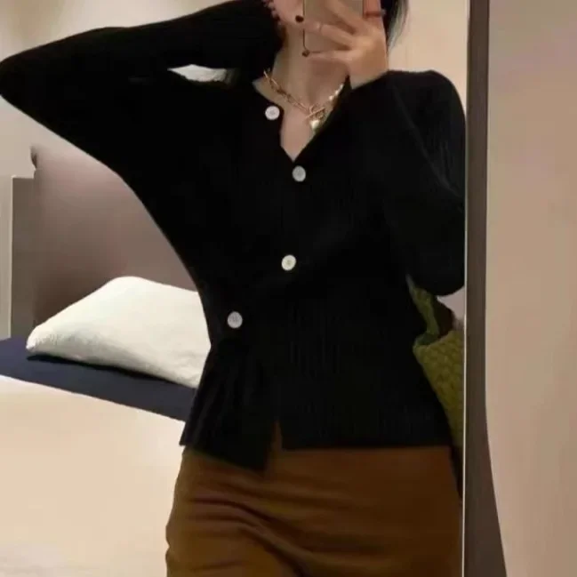 

Необычные кардиганы, трикотажные однобортные однотонные элегантные осенние узкие женские свитера с круглым вырезом и длинными рукавами