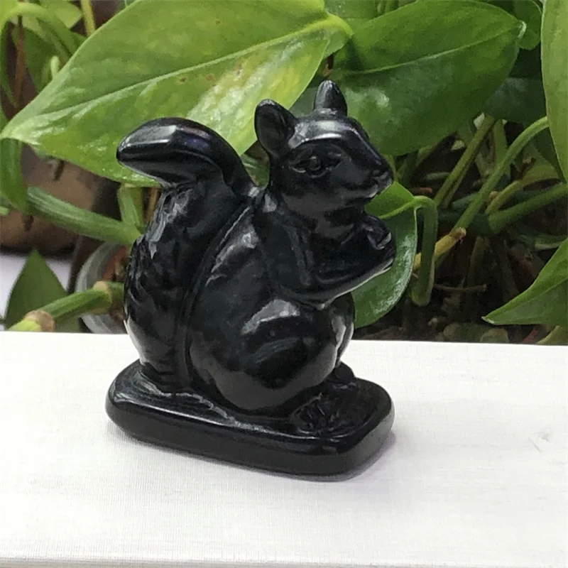 Natural Black Obsidian Squirrel Carving Model Crafts Fashion Home Decoration Healing Fengshui Gift 1pcs