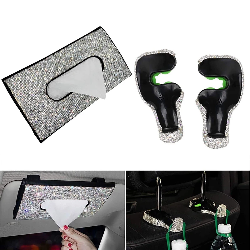 Bling Car Visor Tissue Holder Leather Crystal Sun Visor Paper Case & Bling Car Back Seat Headrest Holder Hooks For Women