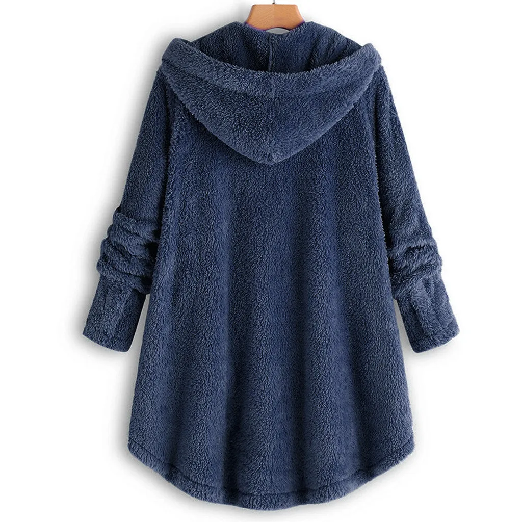 Hoodies Women Plus Size Button Plush Tops Hooded Loose Wool Coat Winter Jacket Keep Warm Pockets Sweatshirts Tops