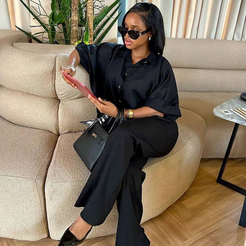 

Африканские модные женские черные однотонные повседневные модные свободные комплекты из 2 предметов с отложным воротником, рубашки с длинными рукавами, широкие брюки