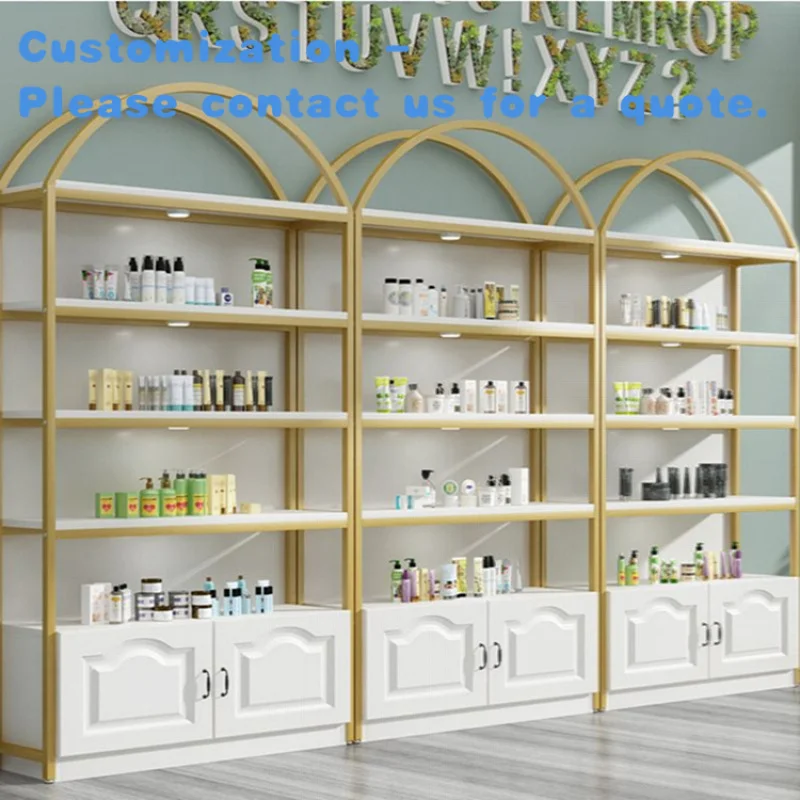 

custom.Cosmetic Shop Metal Display Cabinet with LED Lighting Wooden Cosmetic Display Shelves Cosmetics Store