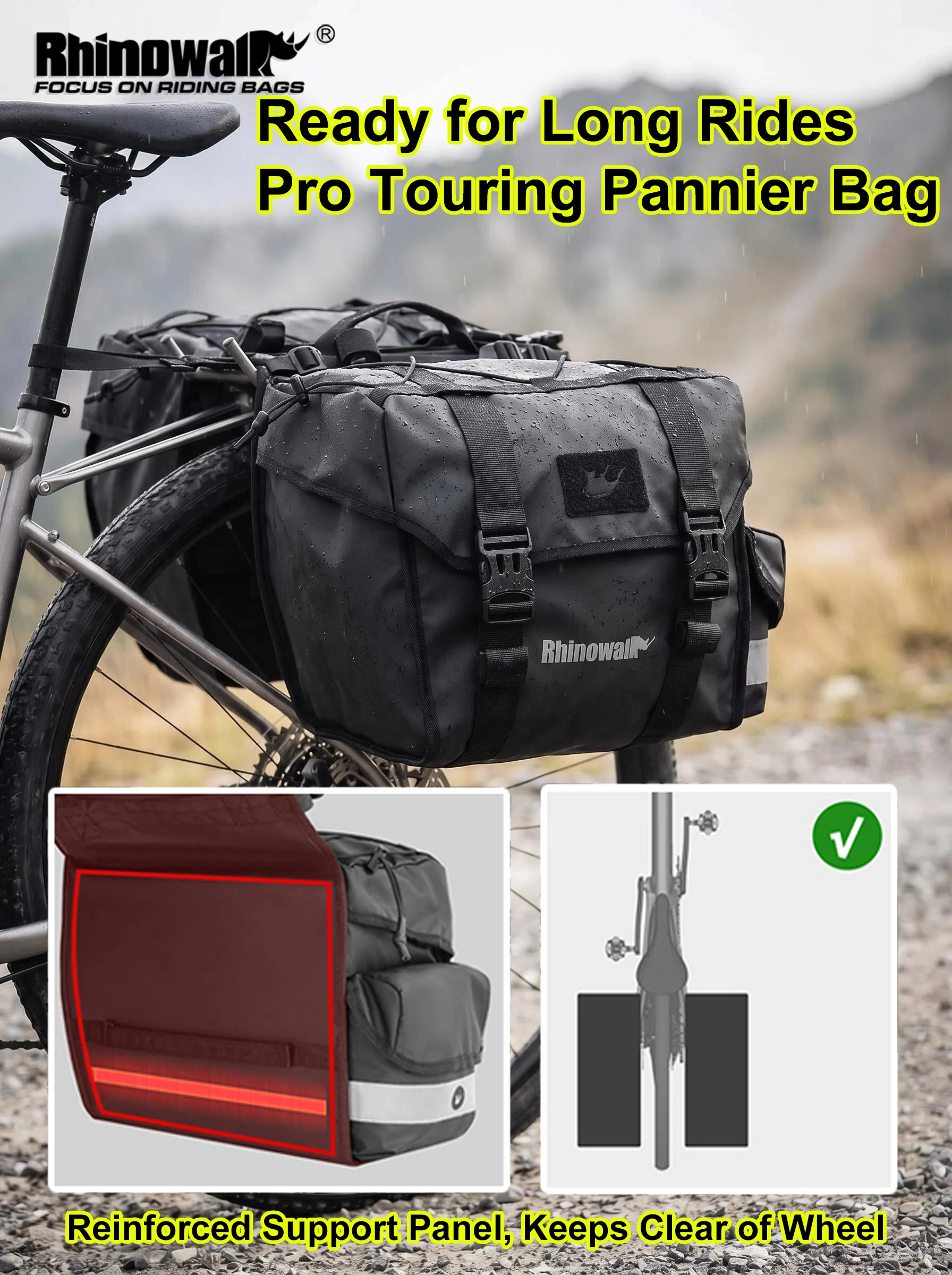 Rhinowalk Bike Pannier Bag Waterproof Bicycle Rear Rack Bag 22L 40L 50L Cycling Saddle Side Bag Expandable Luggage Reflective
