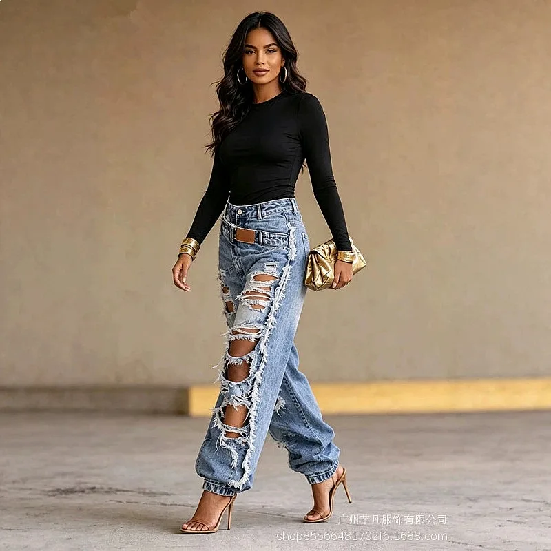 

2026 Spring Summer High Waist Ripped Frayed Denim Pants Washed Skinny Tapered Wide Leg Jeans Streetwear