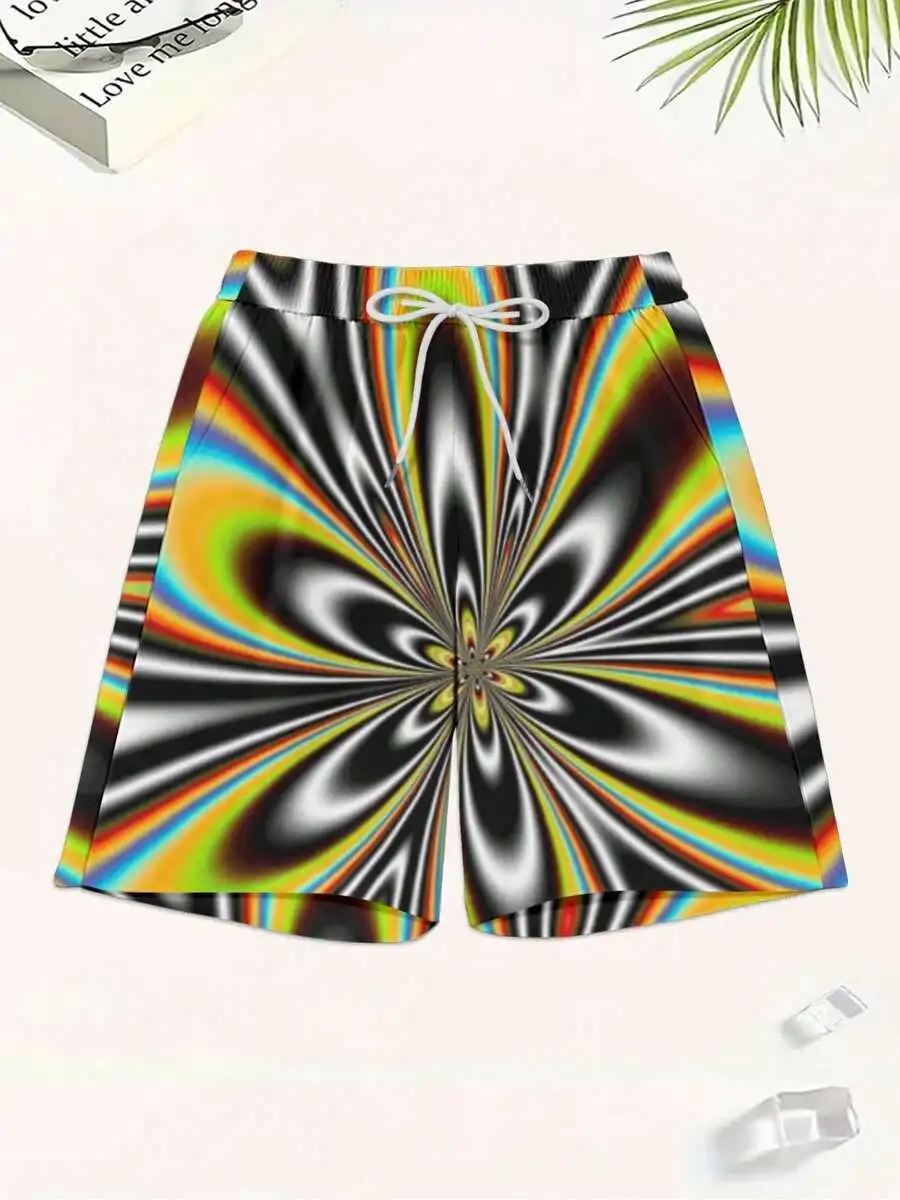 

Mens Vibrant Psychedelic Beach Shorts With Adjustable Drawstring Waist And Dual Side Pockets, Woven Non-Stretch Fabric