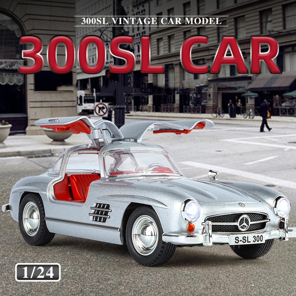 Voitures Vintage en alliage 1:24 300SL 500K, modèles moulés sous pression, portes ouvertes, son et lumière, traction arrière, direction de roue avant, voiture Miniature, cadeau pour garçon